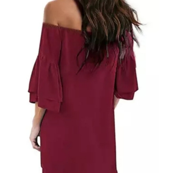 Red Off Shoulder Ruffled Sleeve Dress - Picture 2 of 3